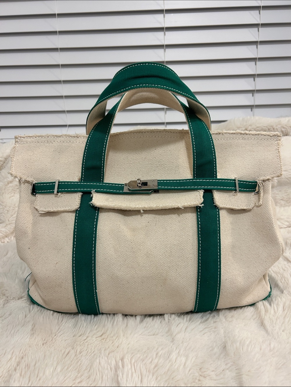 100% Cotton Canvas Tote Bag with Green Trim and Silver Tone Hardware